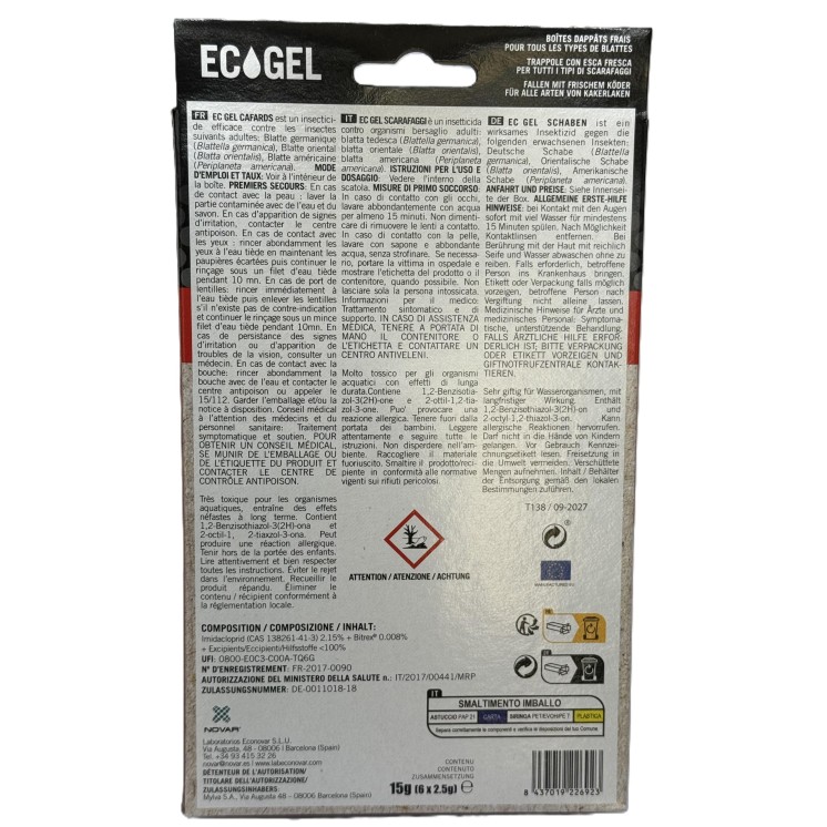 ECOGEL Anti-Cafards & Blattes (6 pièges) - Gel Pro - Détruit la colonie