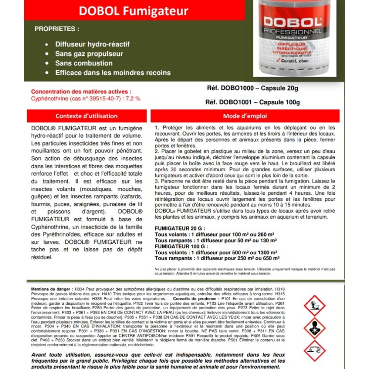 DOBOL Fumigène insecticide hydro-réactif (insectes volants et rampants)