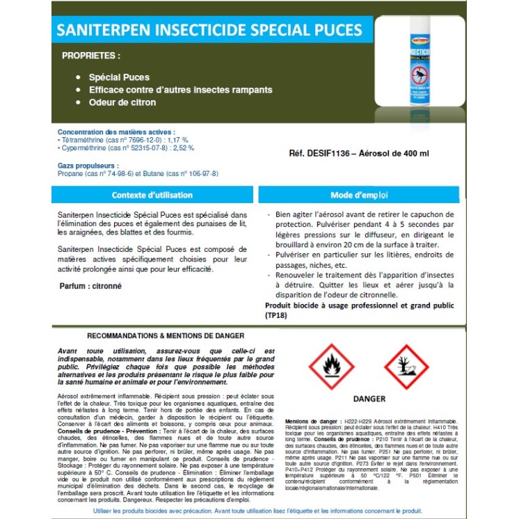 SANITERPEN Traitement insecticide spécial puces 400 ml